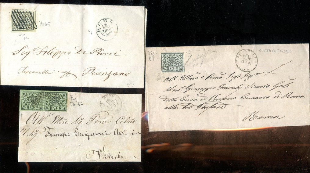 意大利古國－教宗國 1852 - 精选3份已邮资盖章的文件，邮票已贴好！！！ - Sassone 3, 3Aa, 3Ab/f. #1.0