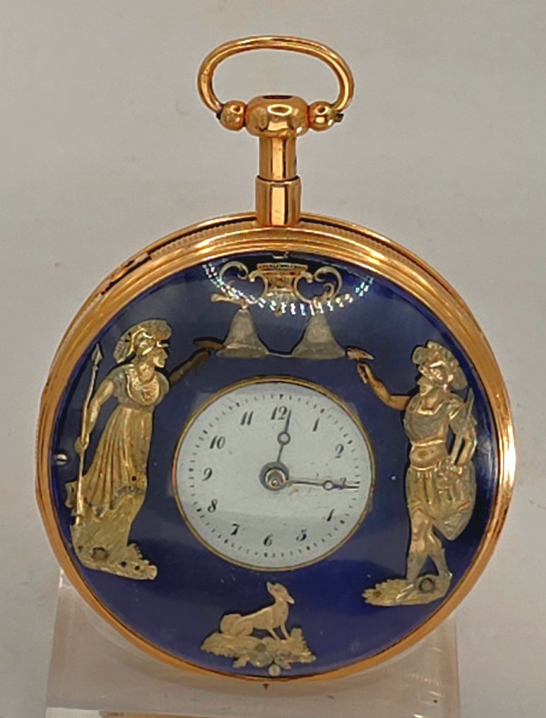 FLB Schweiz - 18K Gold Spindeluhr -  Jaquemarts Automat - Quarter Repeater - blaues Emaille - Schweiz um 1800 - Earlier than 1850 #1.0