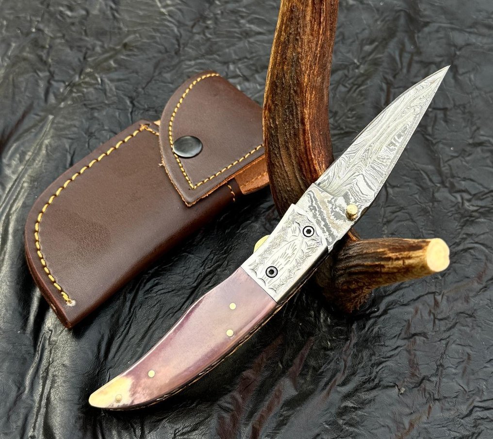 厨刀 - 厨房刀具 - 高端大马士革折叠口袋刀 – 自然骨色手柄护圈 - 亚洲 #4.3