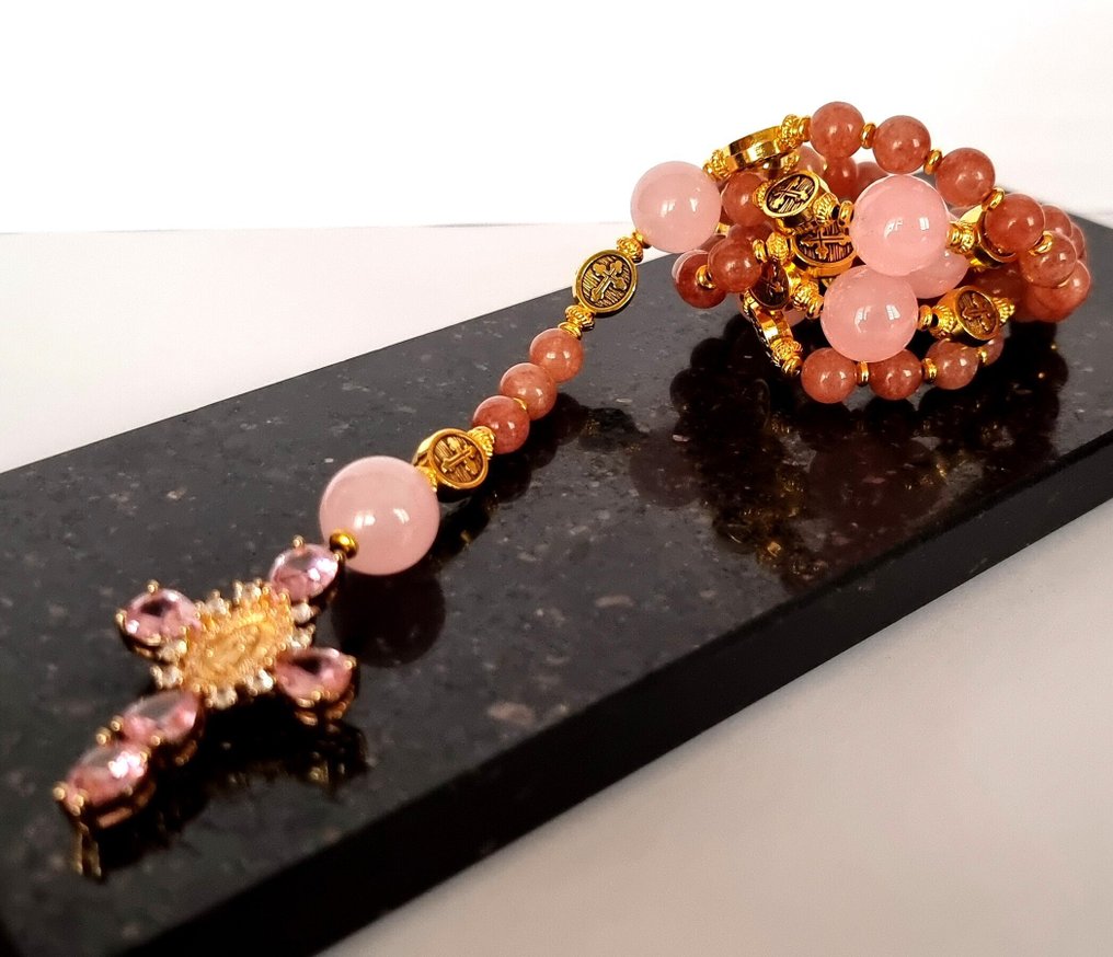 鎂鐵榴石 - 粉水晶和黄水晶 - 忏悔珠链 – 荣耀十字架 – 圣母玛利亚 - 神圣之美与希望 - 吊墜頸鏈 #3.2