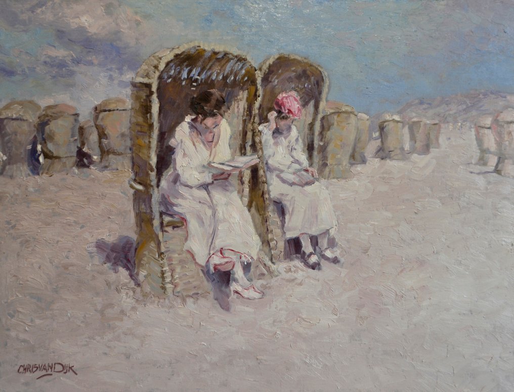 Chris van Dijk (1952) Impressionist - " Livres emmènes à la plage " #1.0