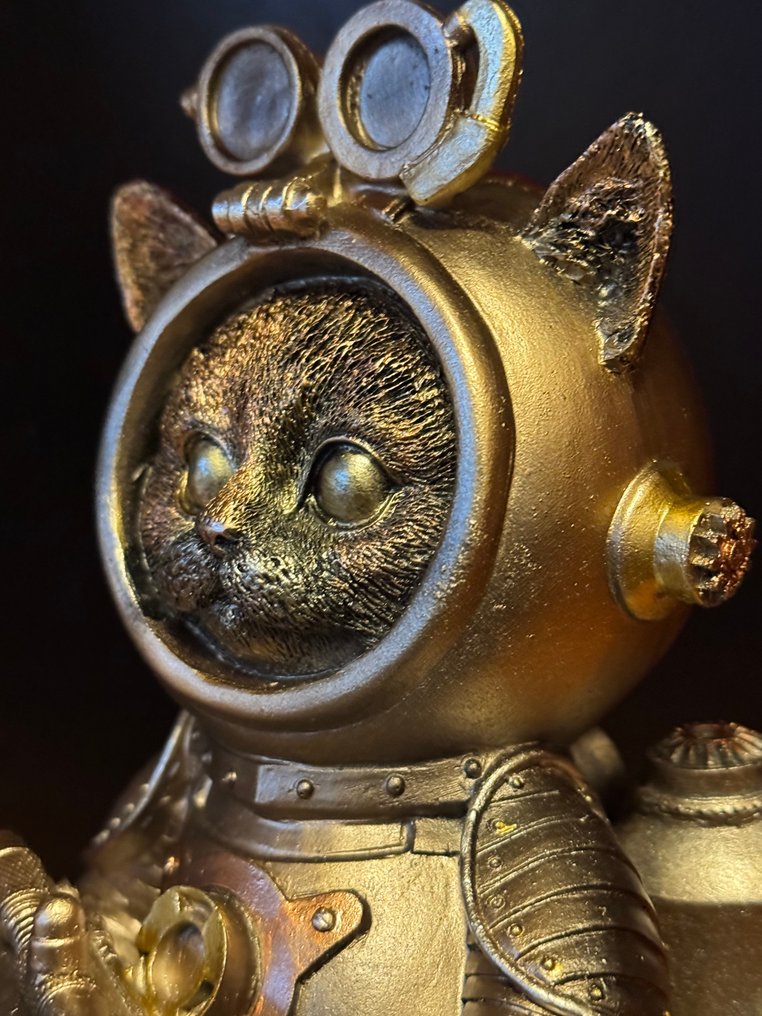 雕塑, Kat astronaut - Steam Punk - 23 cm - 树脂, Verflaag #1.0