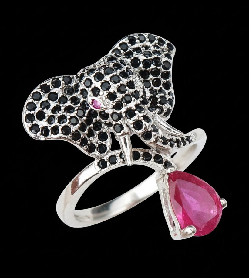 Rubino - Argento, Anello Elefante Reale Rubino & Spinello: Saggezza, Fortuna & Protezione - Argento 925 - Anello #1.0