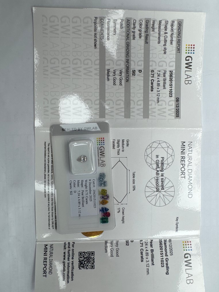 没有保留价 - 1 pcs 钻石  (天然)  - 0.71 ct - 梨形 - D (无色) - SI2 微内含二级 - Gemewizard宝石实验室（GWLab） #1.0