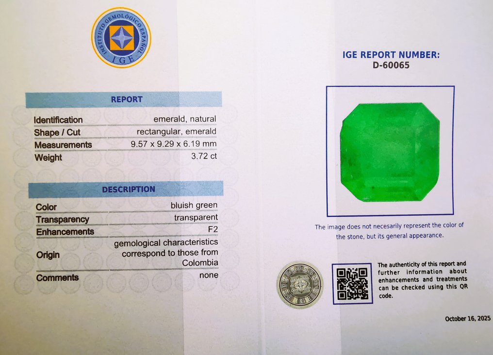 χωρίς τιμή ασφαλείας - 1 pcs  Πράσινο Σμαράγδι  - 3.72 ct - Instituto Gemólogico Español (IGE) - F2/Κολομβία #2.1