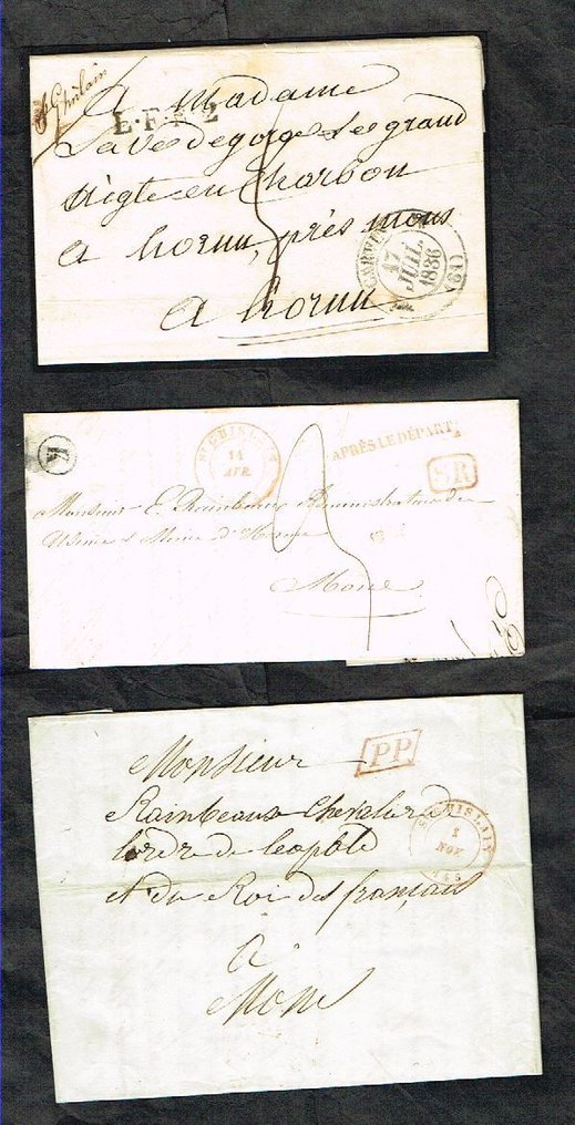 Belgium 1836 - 1836/1845 - Very beautiful set of 3 precursors with arrival at Saint-Ghislain, including one #1.0