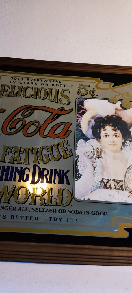 Specchio originale Coca Cola con bei colori e cornice pesante e robusta. - Insegna - Vetro a specchio, legno e cartone rigido #4.3