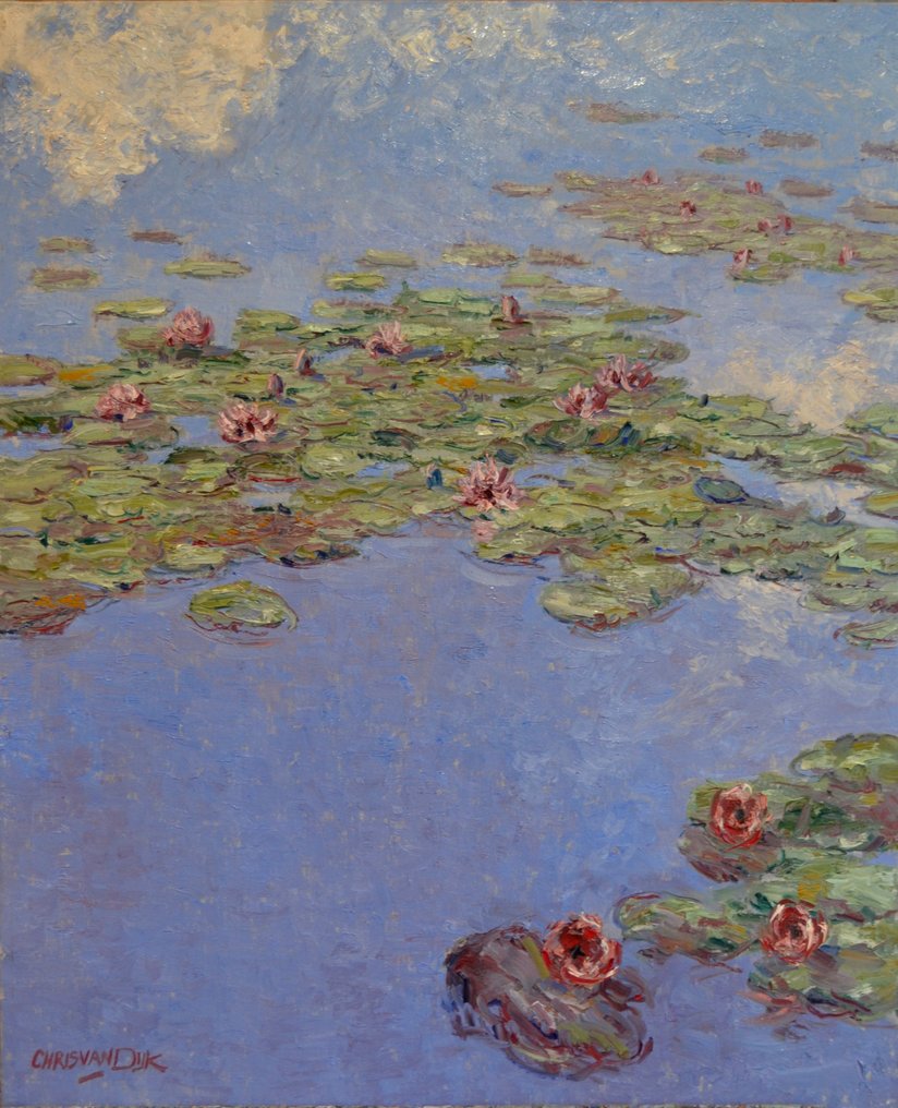 Chris van Dijk (1952) Impressionist - " Nénuphars sous un ciel bleu " #1.0
