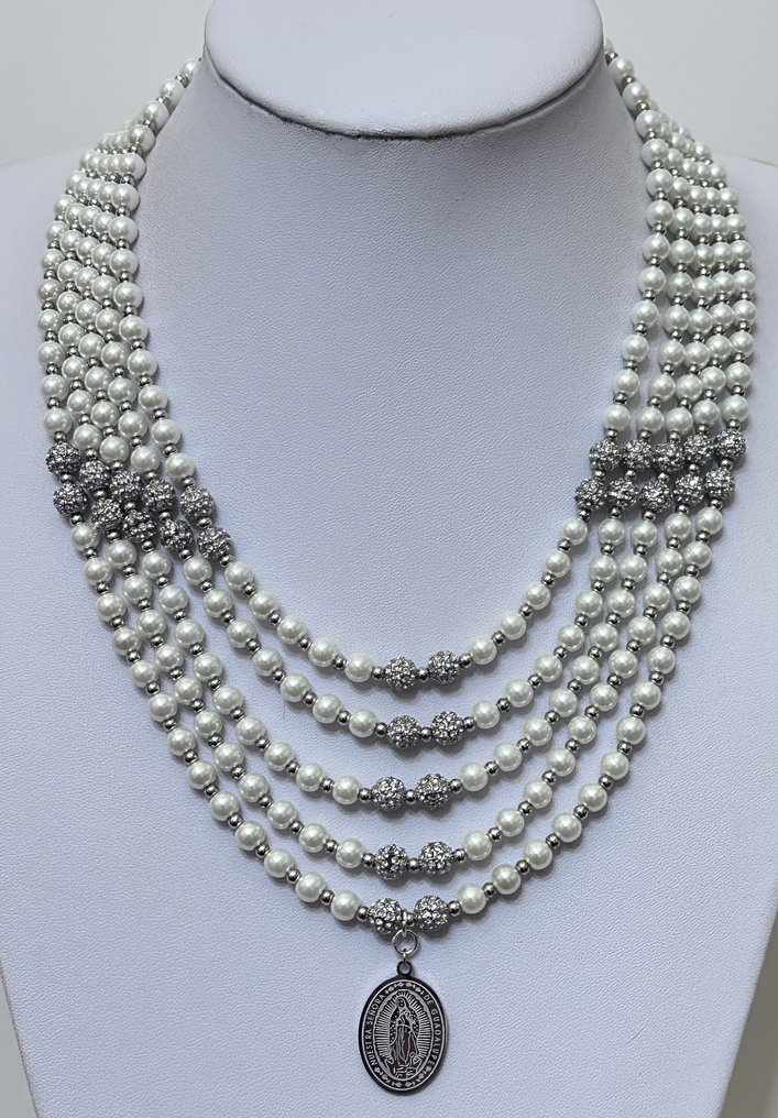 Μητέρα των Λευκών Μαργαριταριών με την Παρθένο της Guadalupe και Ελληνικούς Σταυρούς από αιματίτες. - Σετ κοσμημάτων 3 τεμαχίων - Υψηλή ποιότητα. #1.0