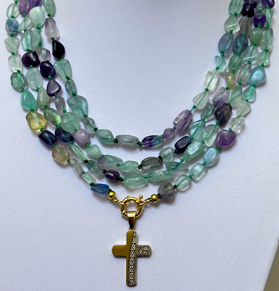 来自巴西的天然氟石,带有天主教十字架。高品质。非常罕见。 - 项链 - Plata 925 #1.0