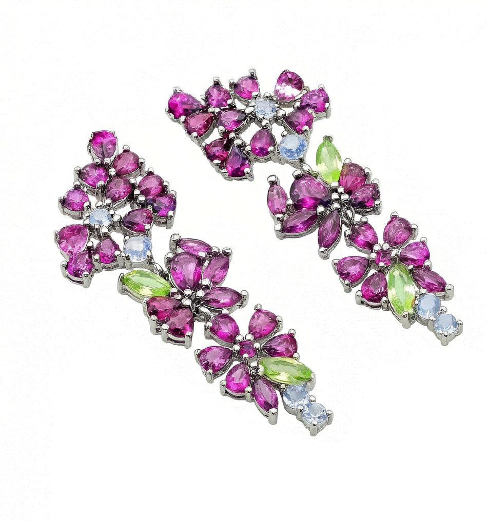 Nincs minimálár - Drop fülbevaló Ezüst, Aranyozott, 18 kt. Rodolit - Peridot - Tanzanite - 9,20 kt. #1.0