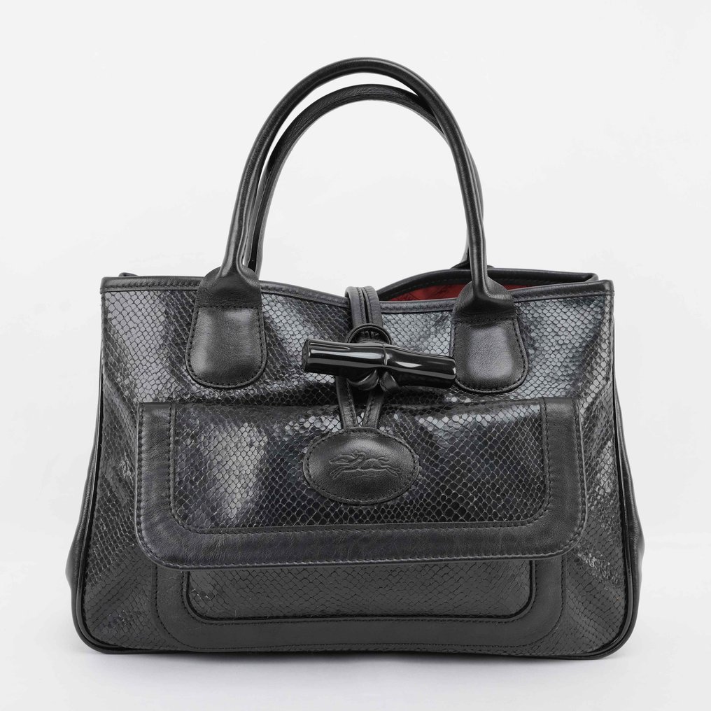 Longchamp - Longchamp Paris Black Leather Top Handle Tote – Snakeskin-Embossed Leather, Toggle Closure, Made in - Torebka #1.0