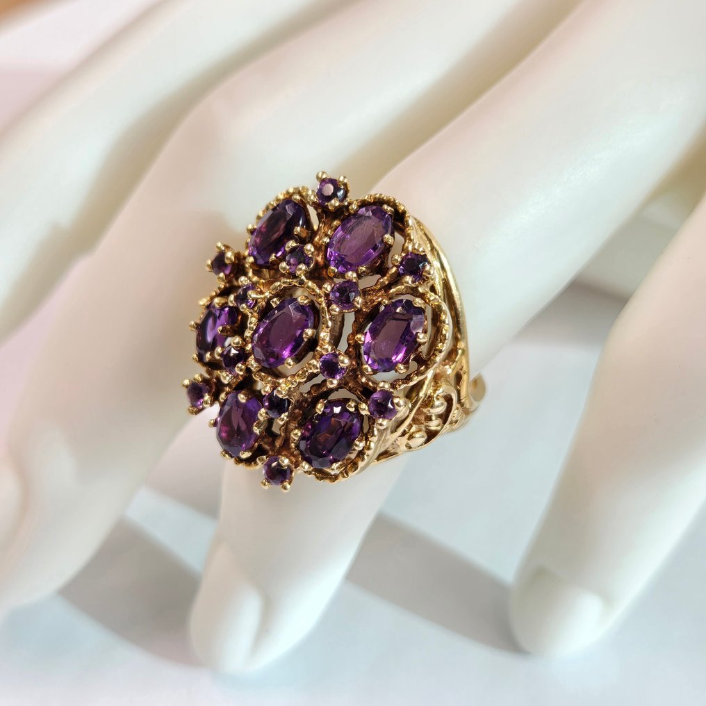 Ring - 14 karaat Geel goud - 4.20ct. tw. Amethist - Amethist cluster cocktail #3.2