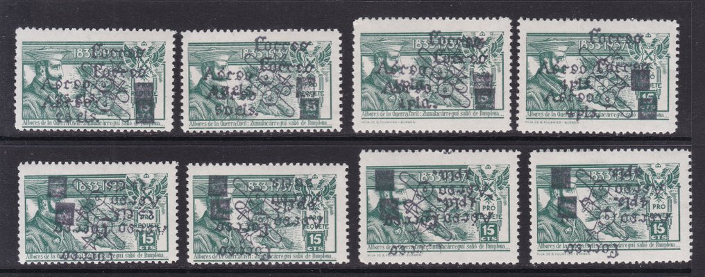 Ισπανία 1936 - Ολοκληρωμένη σειρά διπλής φόρτωσης κανονική και ανάποδη, «Ταχυδρομείο Αεροπορικό 25-50 σεντ και 1-4 #1.0