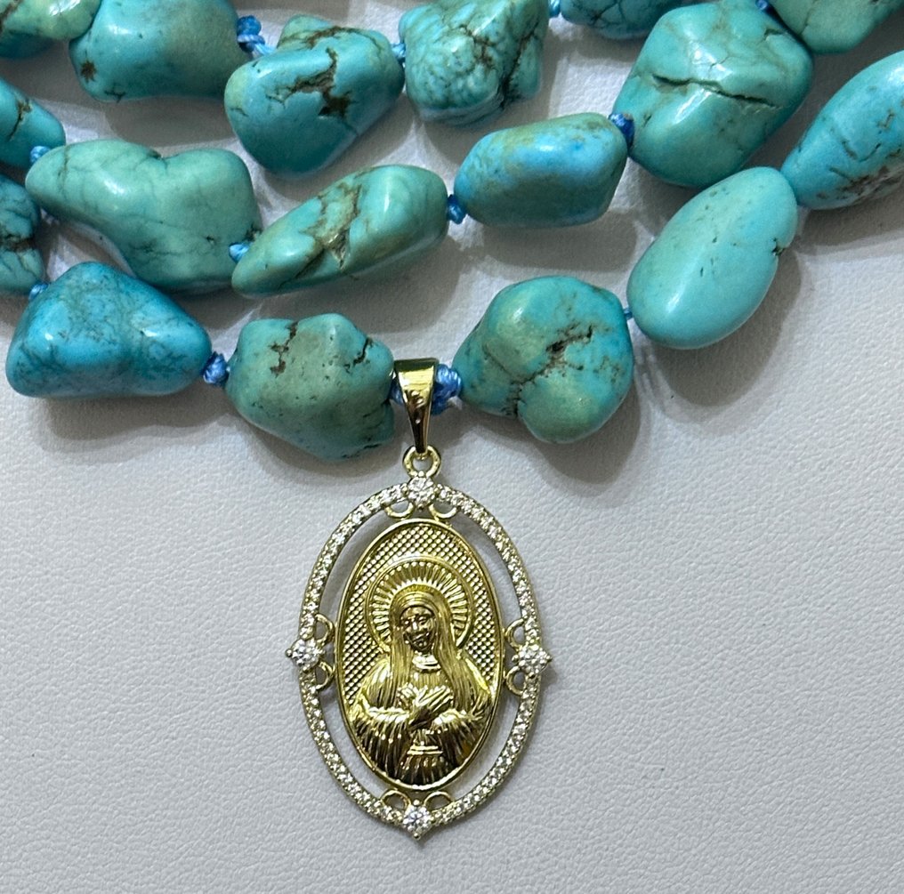Turchese stabilizzato con Vergine Maria. Molto raro. Alta qualità. Salute. Fortuna. Stabilità. - Collana con ciondolo - Con chiusura in argento 925 #1.0