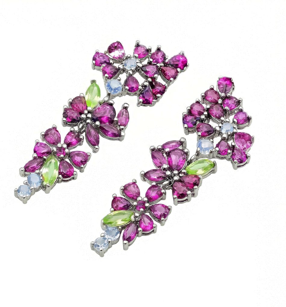 Nincs minimálár - Drop fülbevaló Ezüst, Aranyozott, 18 kt. Rodolit - Peridot - Tanzanite - 9,20 kt. #2.1