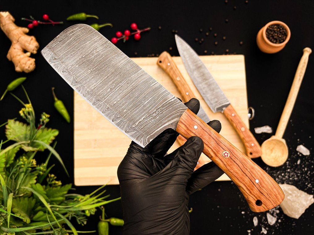 Μαχαίρι κουζίνας -  Σετ μαχαιρών κουζίνας για καθημερινή χρήση σε εσωτερικούς και εξωτερικούς χώρους (FK-157) - Χειρολαβή από αμερικανικό ελαιόδεντρο και διπλωμένο ατσάλι. - Ηνωμένες Πολιτείες - Σετ κουζίνας και μπάρμπεκιου #1.0