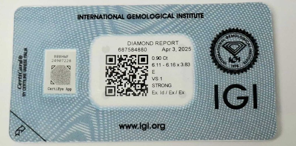 1 pcs Διαμάντι  (Φυσικό)  - 0.90 ct - Στρογγυλό - E - VS1 - International Gemological Institute (IGI) #3.2