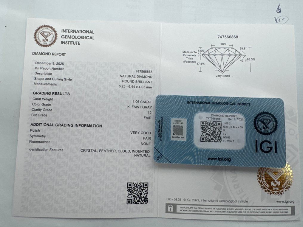 χωρίς τιμή ασφαλείας - 1 pcs Διαμάντι  (Φυσικό)  - 1.06 ct - Στρογγυλό - K - I2 - International Gemological Institute (IGI) - K αχνό γκρι #3.2