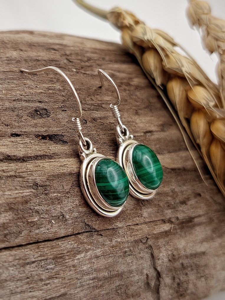 925 silver earrings with top-quality malachite - Height: 28 mm - Width: 10 mm- 4.1 g - (1) #2.1