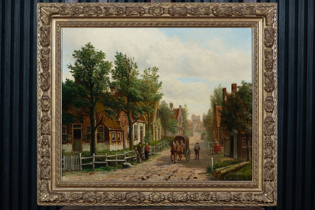 Oene Romkes de Jongh (1812–1896) - Dorpstraat met Figuren en Paardenkar (NO RESERVE) #1.0