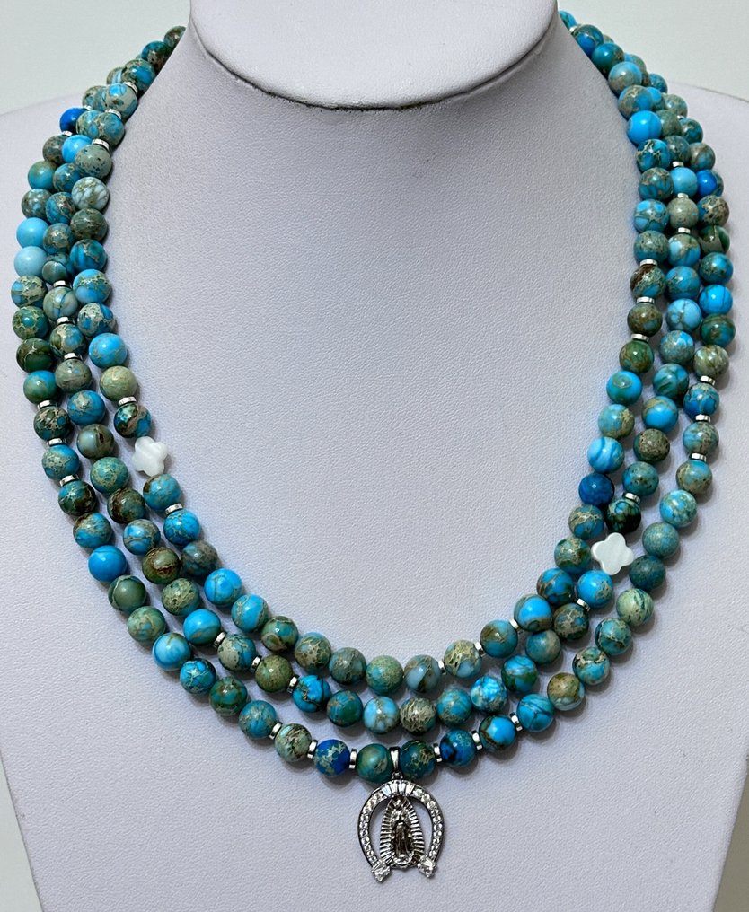 Μακριά λαιμόκοψη από Ocean Jasper με 'Vrgin Lourdes' και σταυρό από Μαρία από Πέρλα. - Κολιέ με μενταγιόν - Υψηλή ποιότητα. Ασήμι 925. #1.0