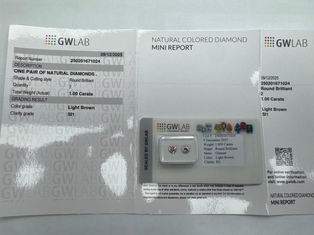 No reserve price - 2 pcs Diamond (Natural coloured) - 1.00 ct - Round - Light Brown - SI1 - Gemewizard Gemological Laboratory (GWLab) #2.1