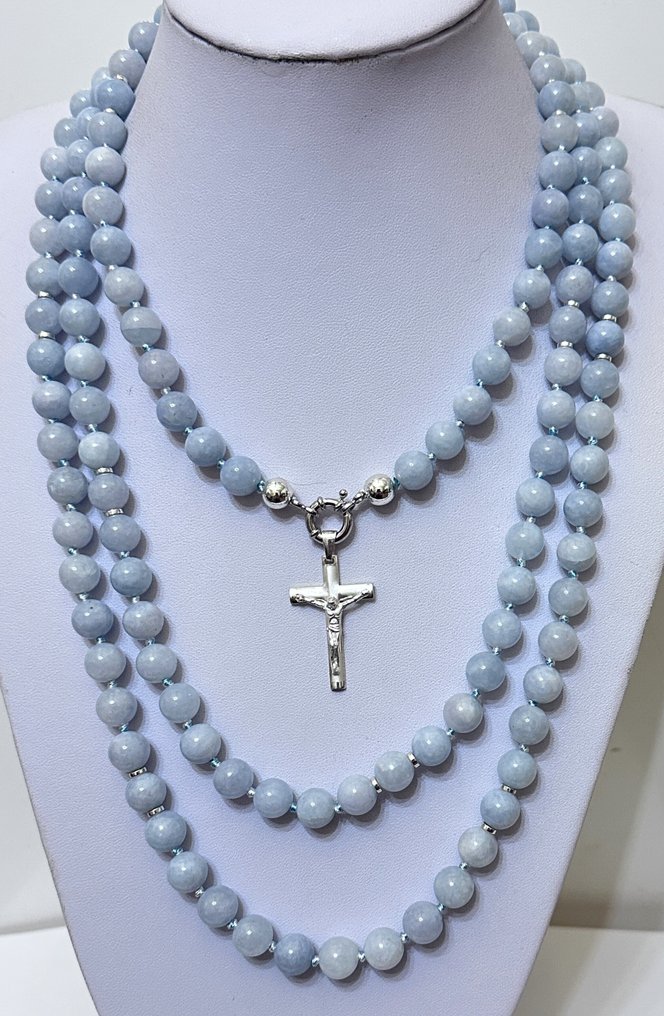 巴西浅蓝色海蓝宝石配925纯银天主教十字架。神圣保护。 - 吊墜頸鏈 - 高品质。925 银。 #4.3