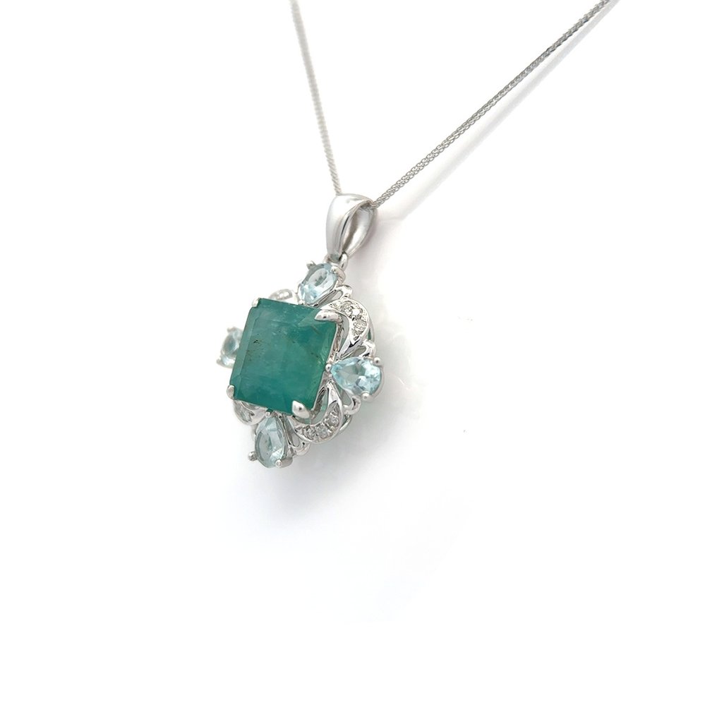 Fără preț de rezervă - Colier cu pandantiv - 14 ct. Aur alb -  3.38ct. tw. Smarald - Aquamarine #2.1