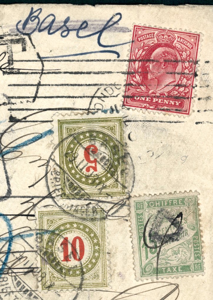 瑞士，法国，英国 1908 - 来自苏黎世，经法国，至伦敦的非常罕见的三国邮票贴在信件正面。 - Schweiz mit 3-Länderfrankatur #1.0