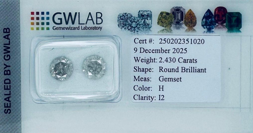Sem preço de reserva - 2 pcs Diamante (Natural) - 2.43 ct - Redondo - H - I2 - Gemewizard Gemological Laboratory (GWLab) #2.1