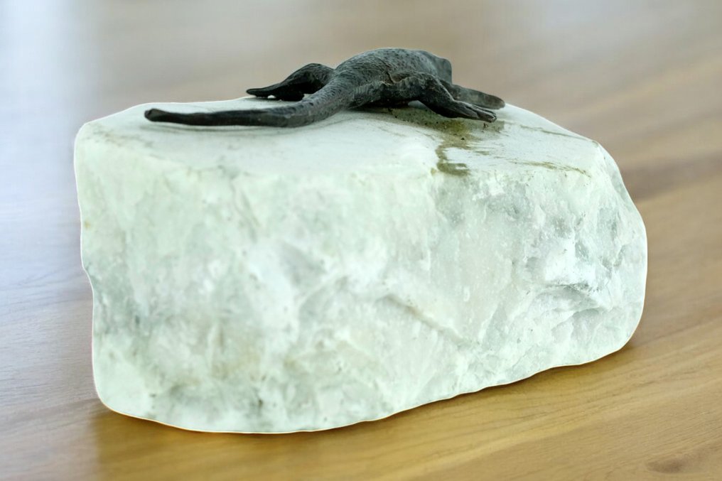 Sculpture, Salamander on Rock - 15 cm in length - 5 cm - Bronze, Stone #3.2