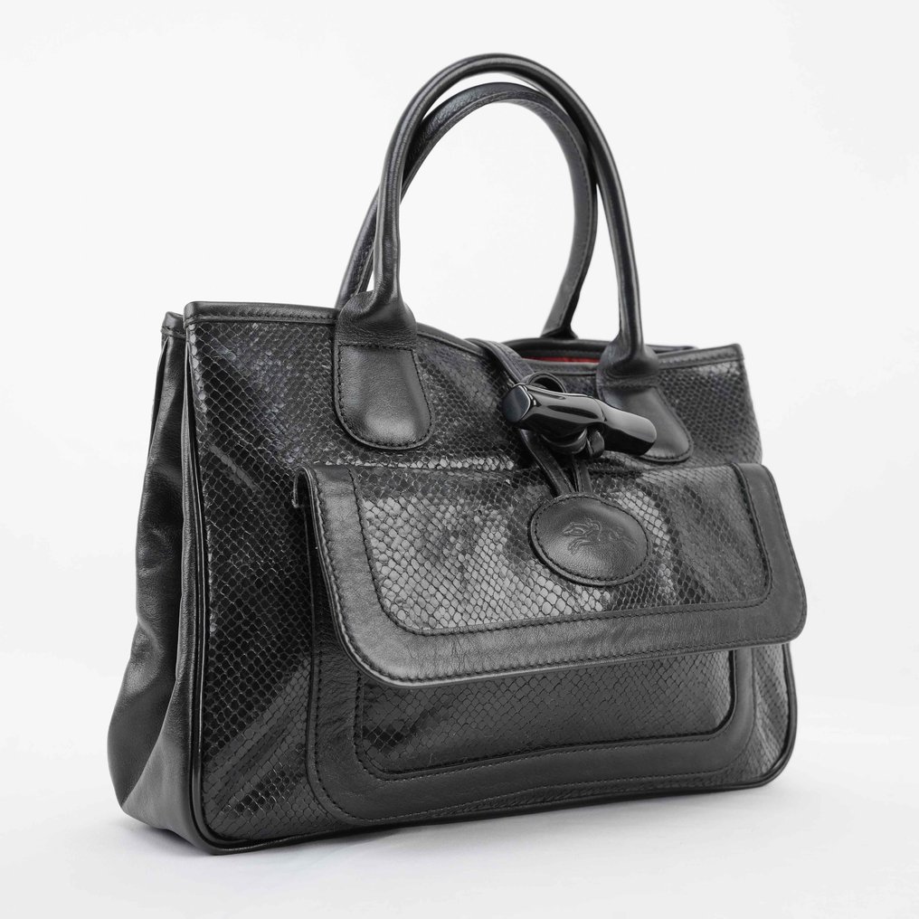 Longchamp - Longchamp Paris Black Leather Top Handle Tote – Snakeskin-Embossed Leather, Toggle Closure, Made in - Torebka #1.0
