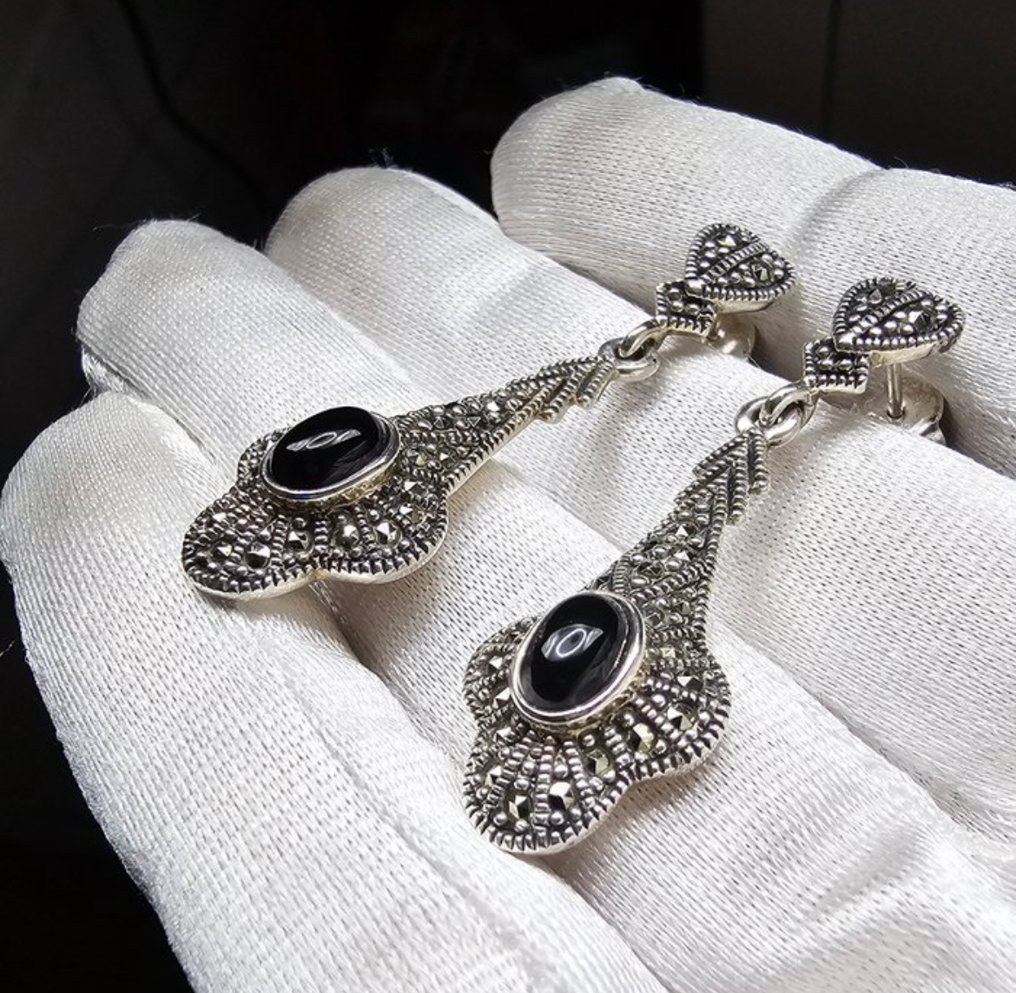 Nincs minimálár - Drop fülbevaló Ezüst Ónix - Vintage Art Déco #2.1