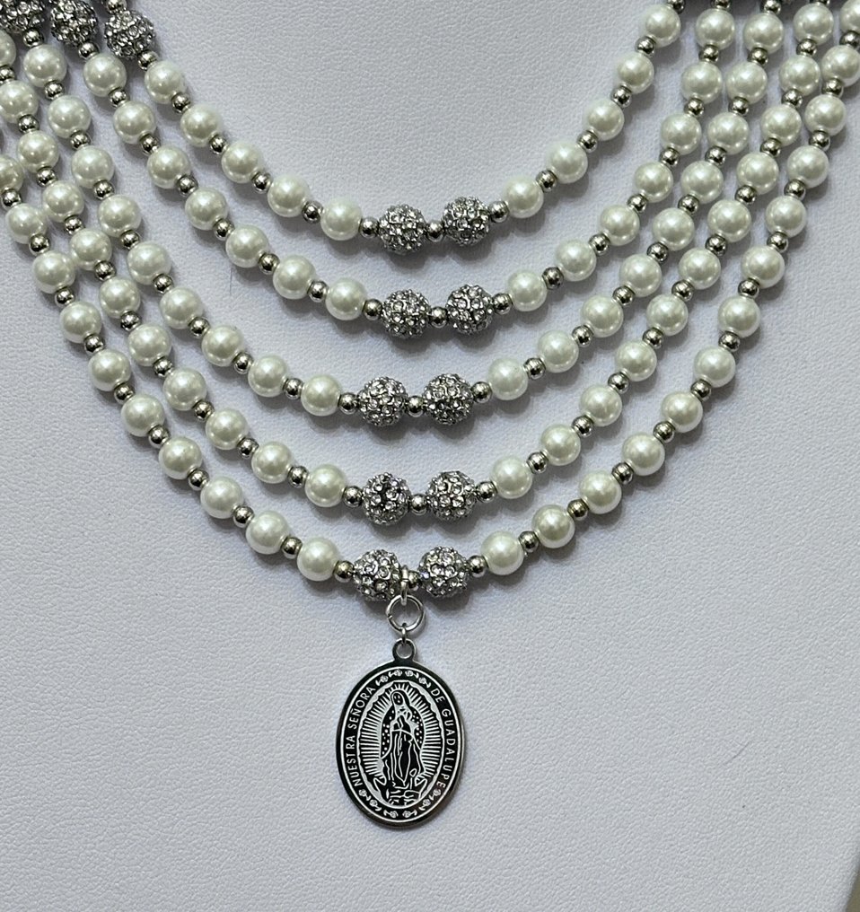 Μητέρα των Λευκών Μαργαριταριών με την Παρθένο της Guadalupe και Ελληνικούς Σταυρούς από αιματίτες. - Σετ κοσμημάτων 3 τεμαχίων - Υψηλή ποιότητα. #2.1