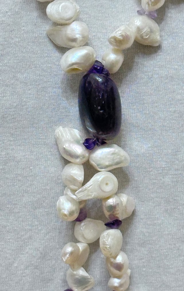 Φυσικές Πέρλες Λευκές Μπαρόκ και Αμέθυστος με 3 Θρησκευτικά φυλαχτά - Κολιέ - Υψηλή ποιότητα. #3.2