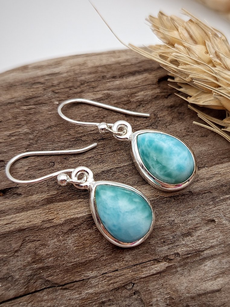 925银耳环，配以优质Larimar - 高度: 30 mm - 宽度: 10 mm- 4.5 g - (1) #2.1