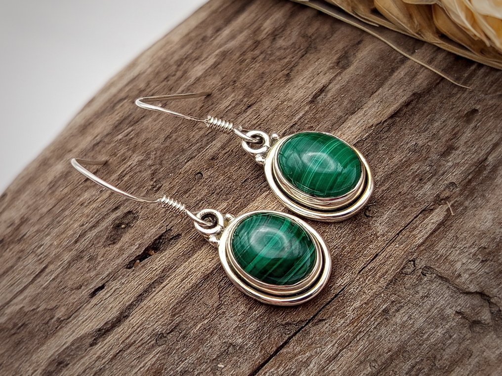 925 silver earrings with top-quality malachite - Height: 28 mm - Width: 10 mm- 4.1 g - (1) #1.0