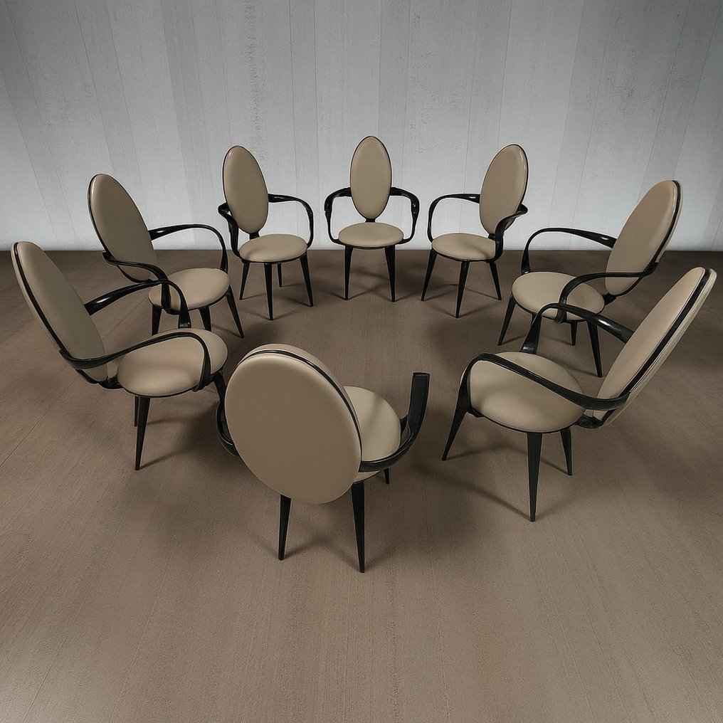 Reflex Angelo ( italy ) - Andrée Putman - Bastide - Καρέκλα τραπεζαρίας (8) - Ξύλο, υψηλής λάμψης μαύρη λακ, Δέρμα #1.0