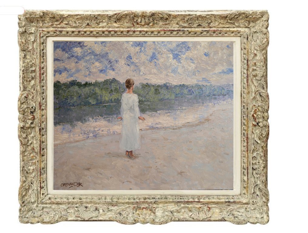 Chris van Dijk (1952) Impressionist - " Femme regardant la rivière " #1.0