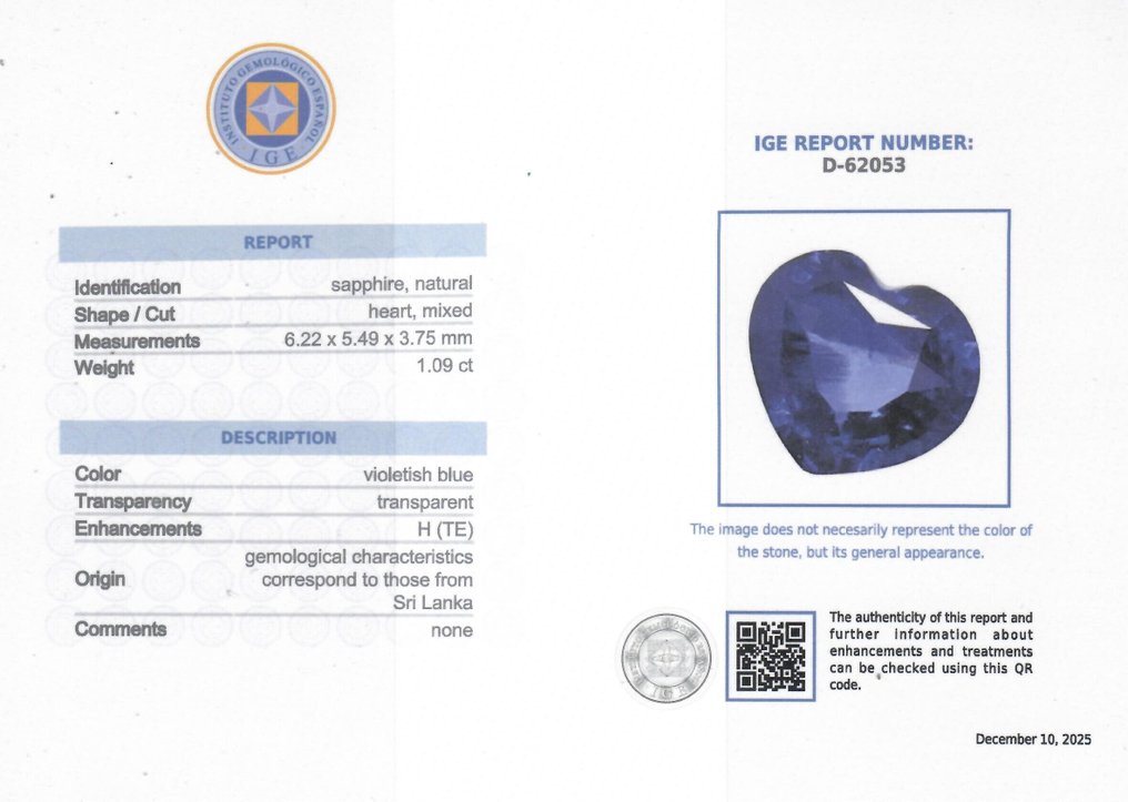 1 pcs  蓝色 蓝宝石  - 1.09 ct - 西班牙宝石学院（IGE） - 斯里兰卡 #2.1