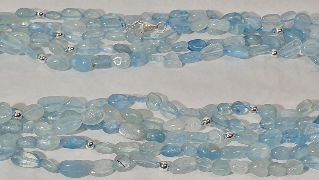 天然海蓝宝石 - AAAA++ - 超长 - 神圣保护 - 925纯银扣 - 頸鏈 #4.3