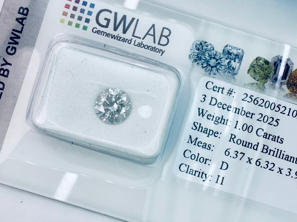 1 pcs 鑽石  (天然)  - 1.00 ct - 圓形 - D (無色) - I1 - Gemewizard Gemological Laboratory (GWLab) - （自然） #3.2