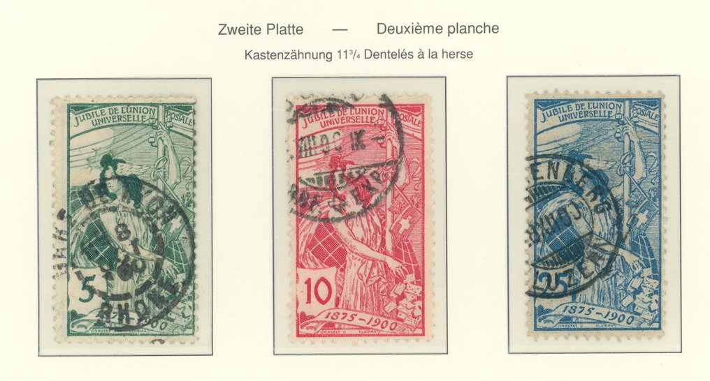 Switzerland 1900 - Stamped issue UPU in good condition, Plates I, II, III (only missing 25 C III), Mi. No. 71 - 73. - Schweiz - 25 Jahre Weltpostverein #2.1