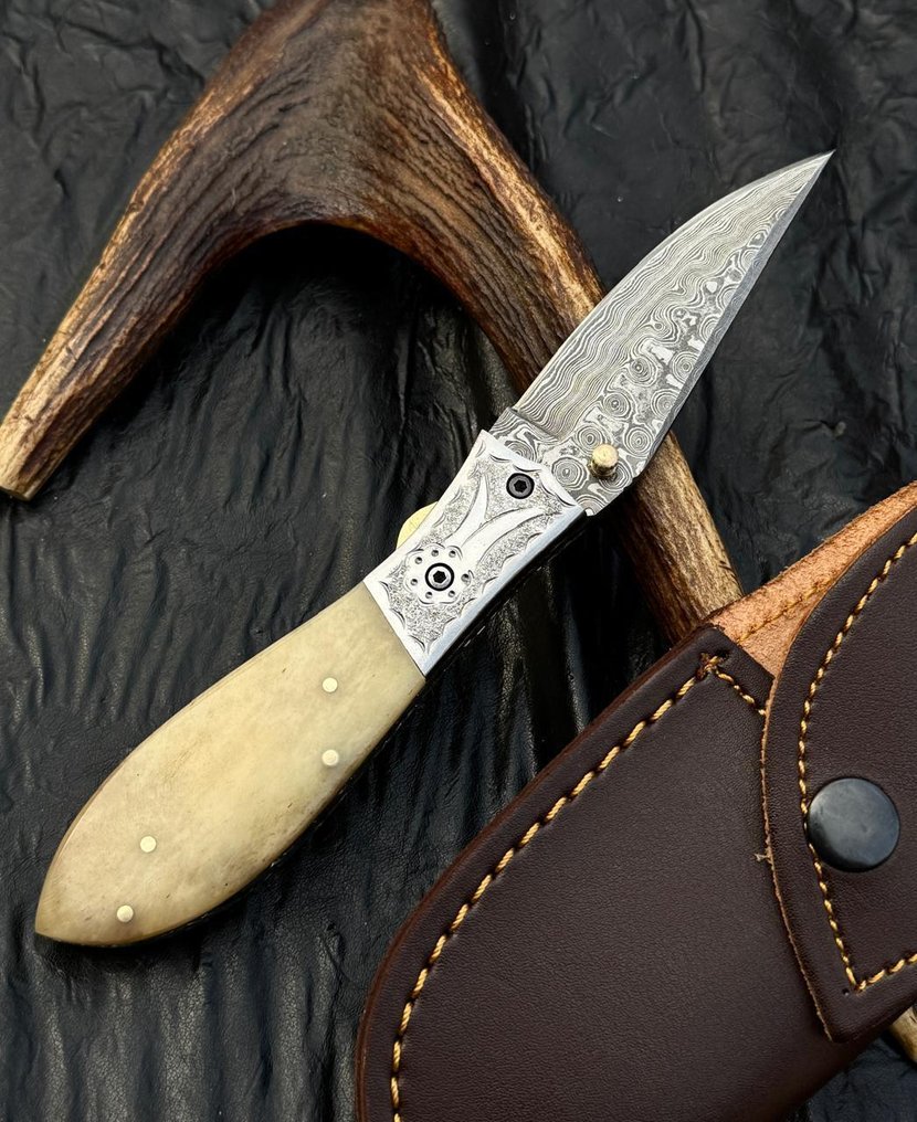 厨刀 - 厨房刀具 - 高级大马士革折叠口袋刀 - 天然骨柄 - 亚洲 #2.1
