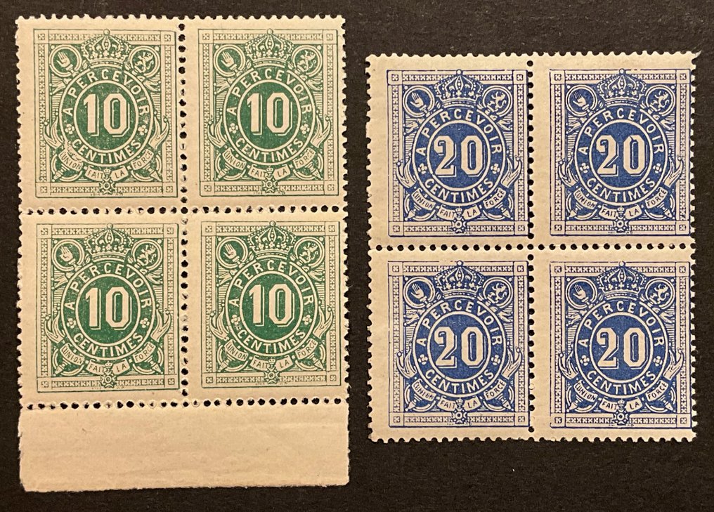 Belgium 1870 - Postage stamps - 1st issue - In a block of 4 - Mint condition - OBP/COB TX1/2 #2.1