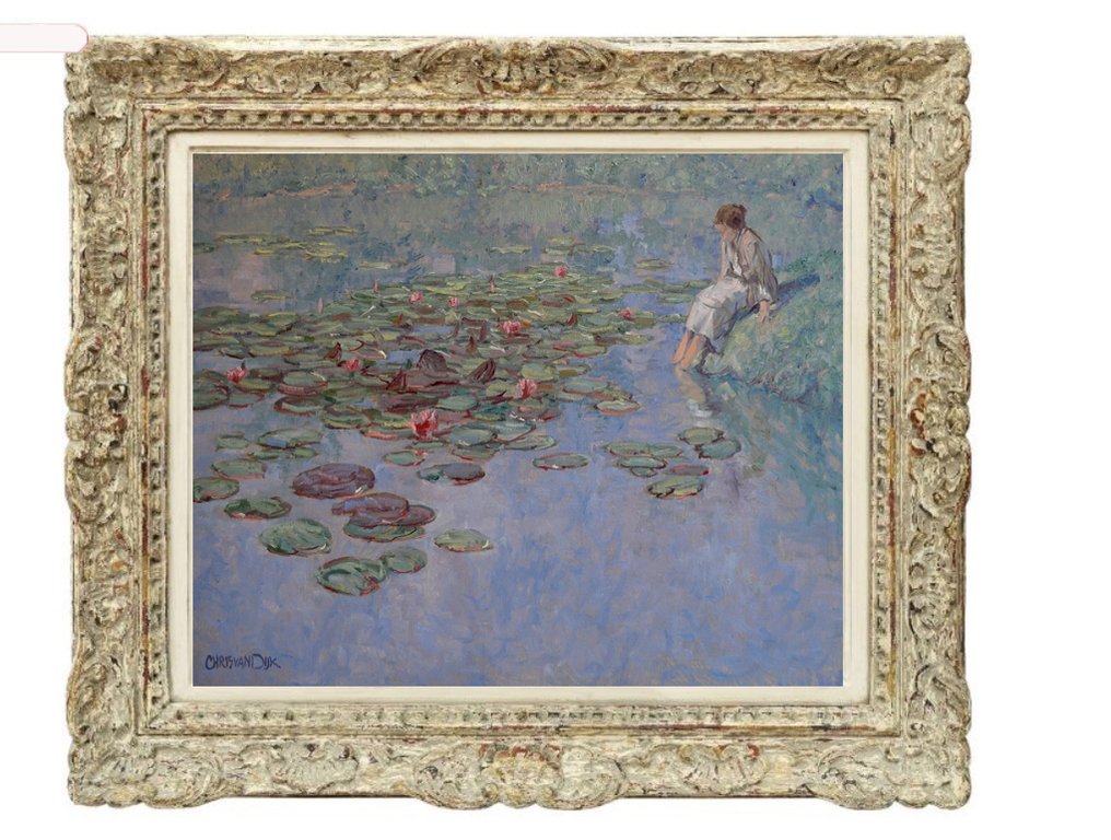 Chris van Dijk (1952) - Impressionist " Fille au bord de l'étang avec des nénuphar " #1.0