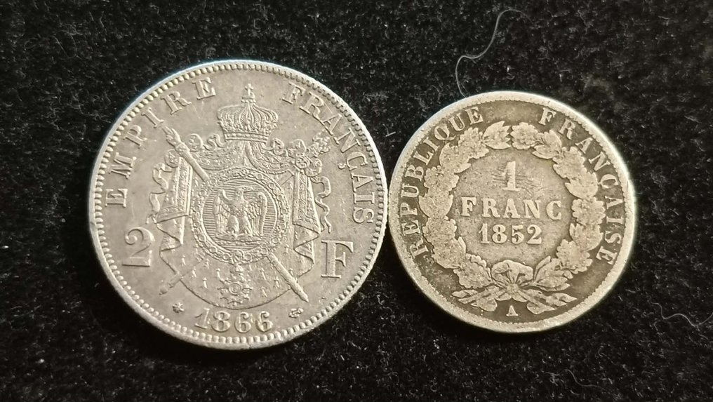 France. Napoléon III. 1 Franc 1852-A & 2 Francs 1866-A (lot of 2 coins)  (No reserve price) #1.0