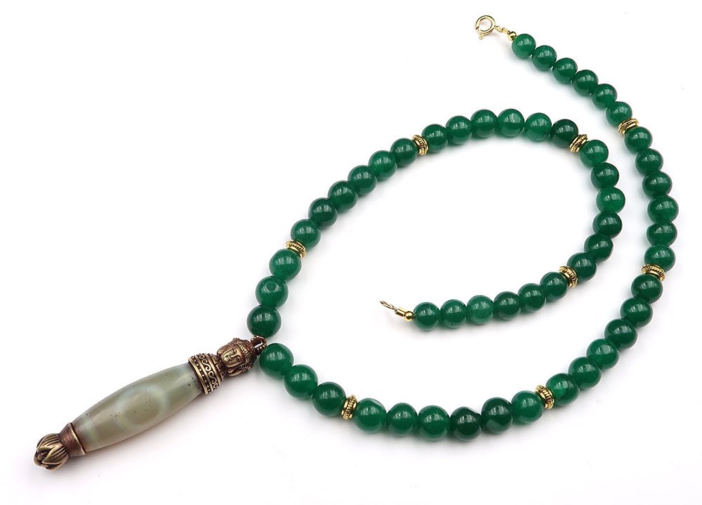 翡翠-藏族Dzi与佛陀:宇宙和谐与命运对齐-14K GF金质扣 - 吊坠项链 #1.0