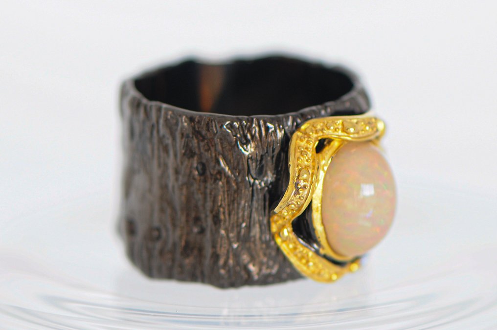 925 silver black rhodium-plated - Opal - Ring #3.2